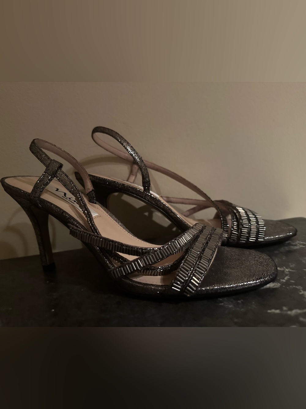 Nina pewter strappy sling back sandals heels